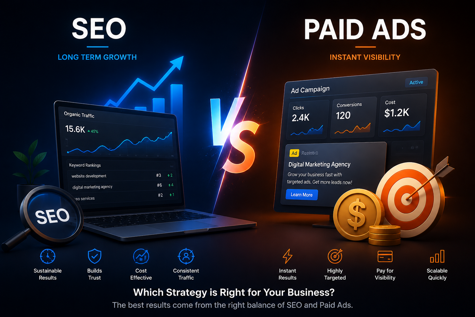 Digital ad and SEO comparison illustration